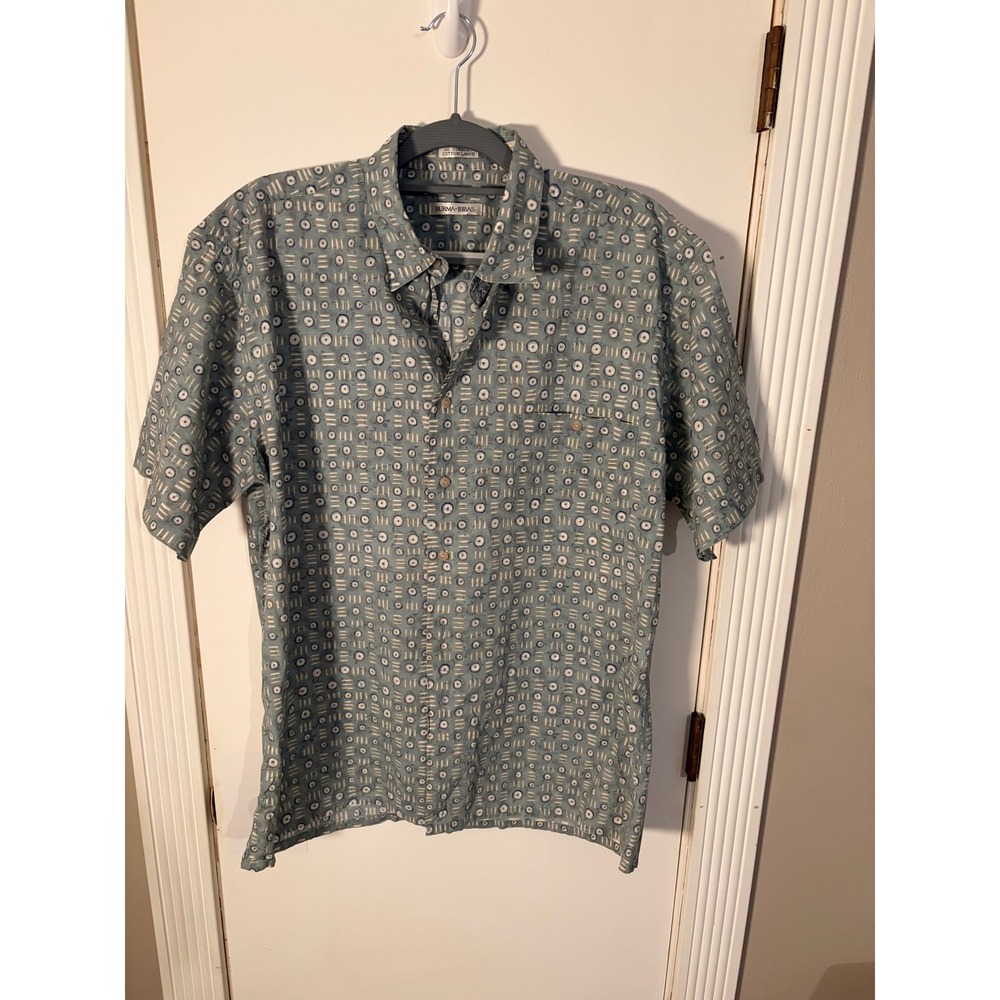 Burma Bibas Mens Large Cotton Lawn Short Sleeve Button Down Shirt Geometric Blue